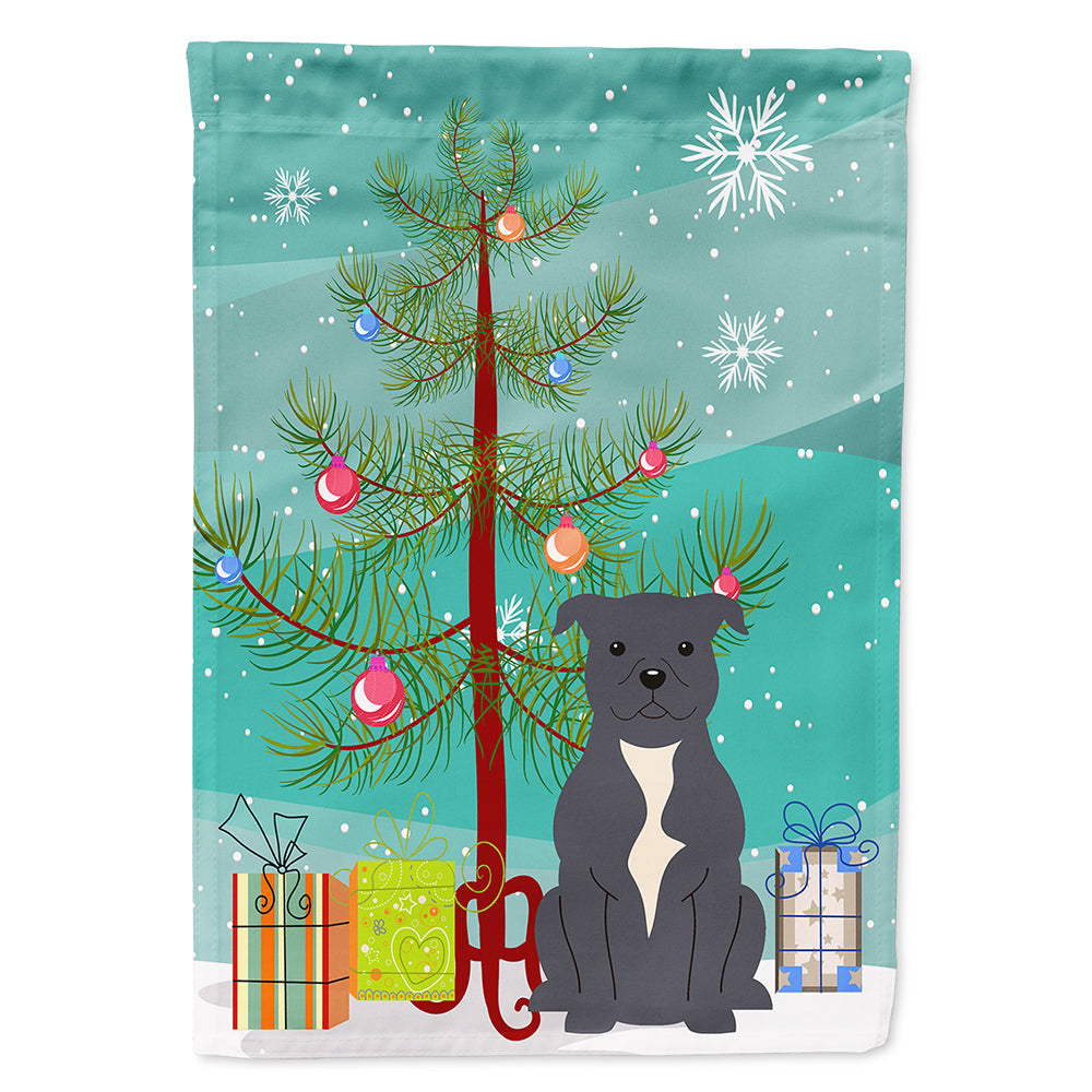 Merry Christmas Tree Staffordshire Bull Terrier Blue House Flag 28x40 Porch Sleeve Pole Decorative Outside Yard Banner Artwork Wall Hanging, Polyester