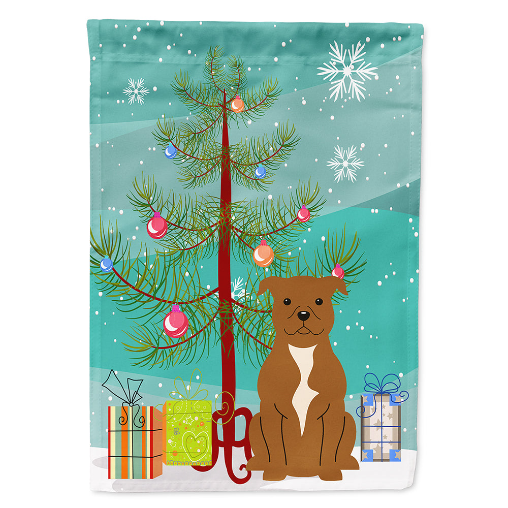 Merry Christmas Tree Staffordshire Bull Terrier Brown House Flag 28x40 Porch Sleeve Pole Decorative Outside Yard Banner Artwork Wall Hanging, Polyester
