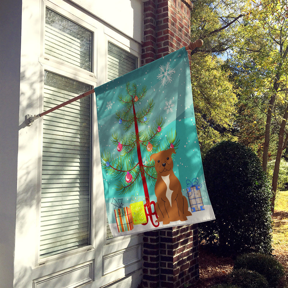 Merry Christmas Tree Staffordshire Bull Terrier Brown House Flag 28x40 Porch Sleeve Pole Decorative Outside Yard Banner Artwork Wall Hanging, Polyester