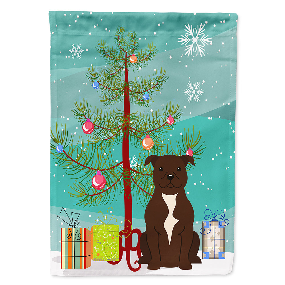 Merry Christmas Tree Staffordshire Bull Terrier Chocolate House Flag 28x40 Porch Sleeve Pole Decorative Outside Yard Banner Artwork Wall Hanging, Polyester