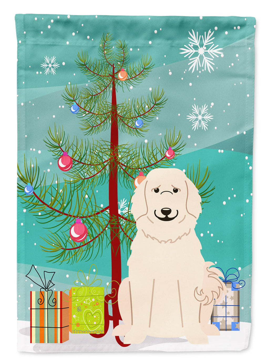 Merry Christmas Tree Great Pyrenese House Flag 28x40 Porch Sleeve Pole Decorative Outside Yard Banner Artwork Wall Hanging, Polyester