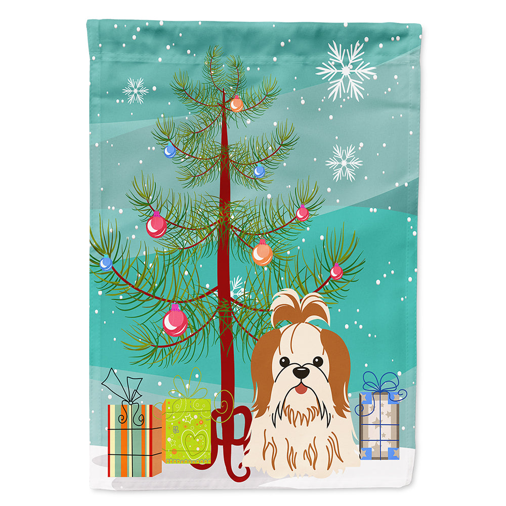 Merry Christmas Tree Shih Tzu Red White House Flag 28x40 Porch Sleeve Pole Decorative Outside Yard Banner Artwork Wall Hanging, Polyester