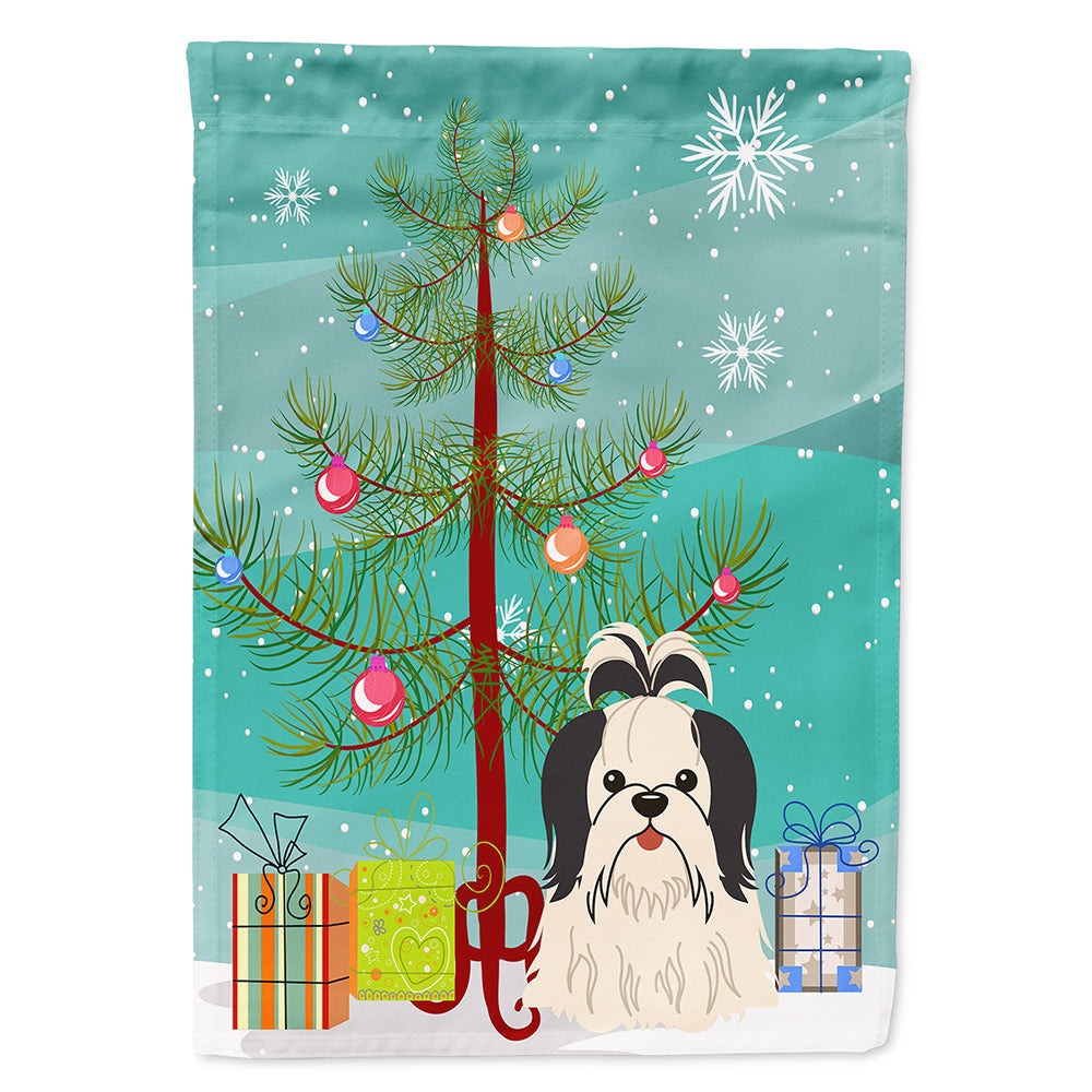 Merry Christmas Tree Shih Tzu Black White House Flag 28x40 Porch Sleeve Pole Decorative Outside Yard Banner Artwork Wall Hanging, Polyester