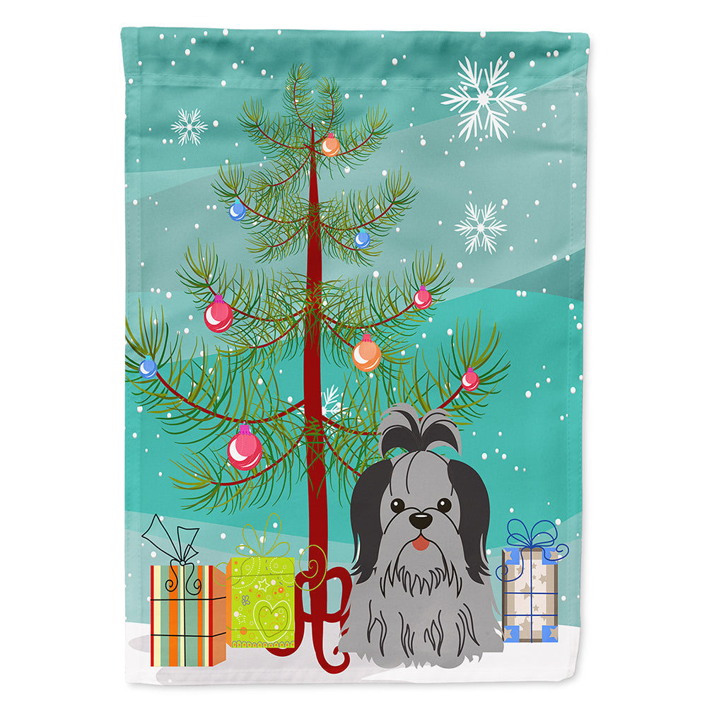 Merry Christmas Tree Shih Tzu Black Silver House Flag 28x40 Porch Sleeve Pole Decorative Outside Yard Banner Artwork Wall Hanging, Polyester