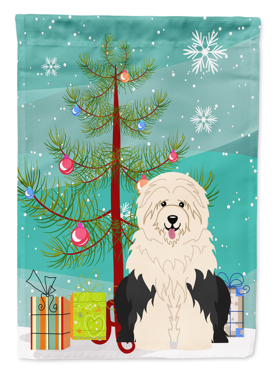 Merry Christmas Tree Old English Sheepdog House Flag 28x40 Porch Sleeve Pole Decorative Outside Yard Banner Artwork Wall Hanging, Polyester
