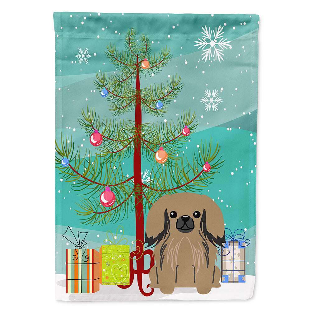Merry Christmas Tree Pekingese Tan House Flag 28x40 Porch Sleeve Pole Decorative Outside Yard Banner Artwork Wall Hanging, Polyester