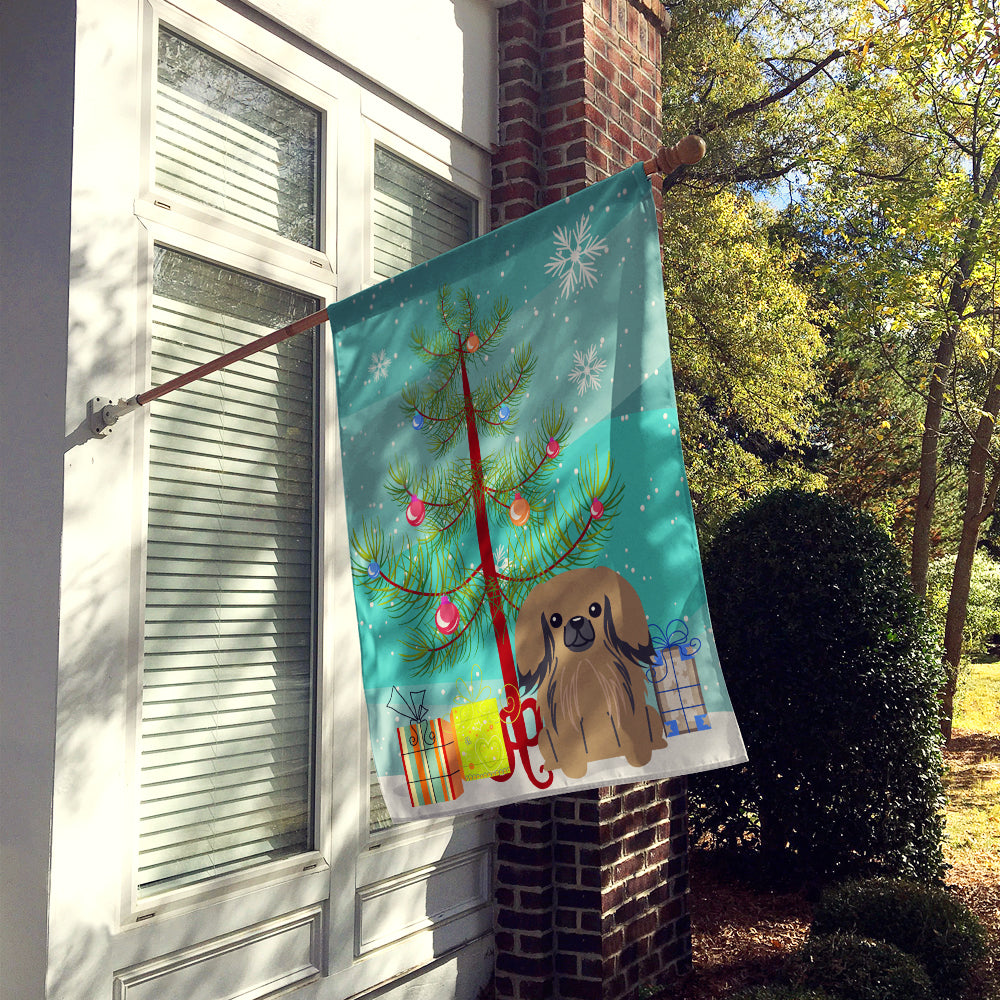 Merry Christmas Tree Pekingese Tan House Flag 28x40 Porch Sleeve Pole Decorative Outside Yard Banner Artwork Wall Hanging, Polyester