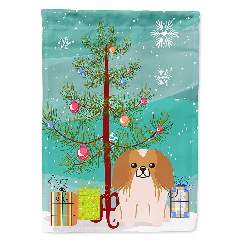 Merry Christmas Tree Pekingese Red White House Flag 28x40 Porch Sleeve Pole Decorative Outside Yard Banner Artwork Wall Hanging, Polyester