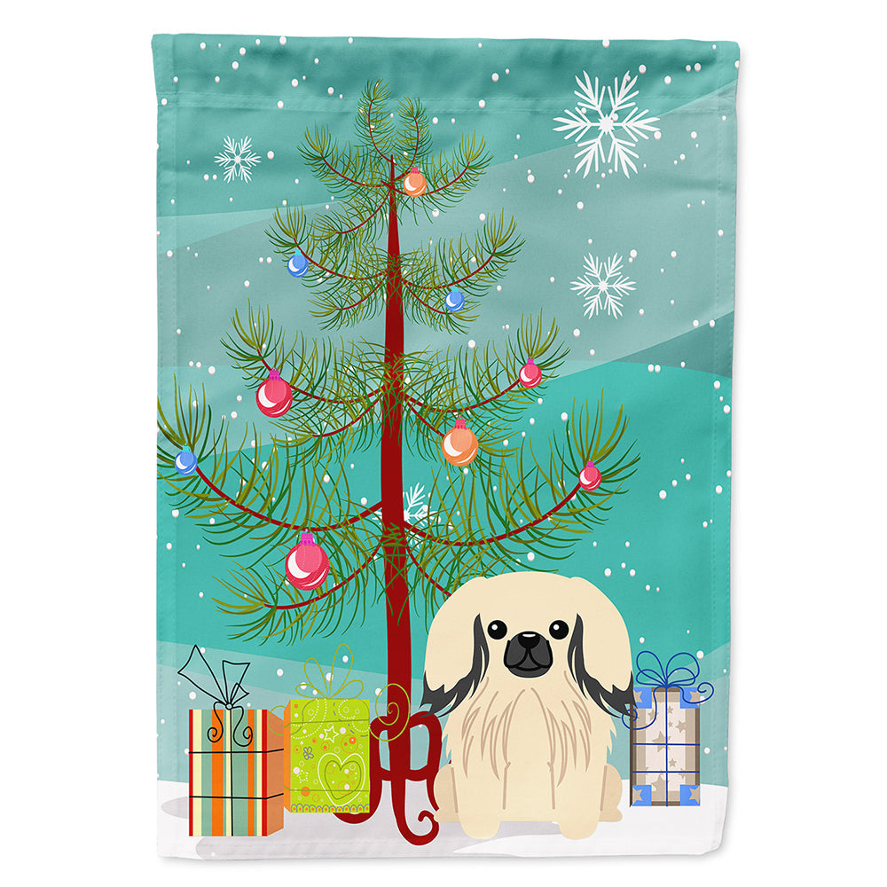 Merry Christmas Tree Pekingese Cream House Flag 28x40 Porch Sleeve Pole Decorative Outside Yard Banner Artwork Wall Hanging, Polyester