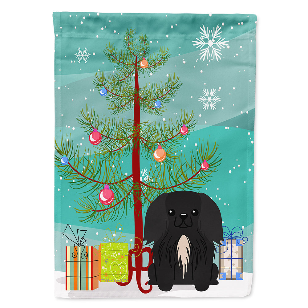 Merry Christmas Tree Pekingese Black House Flag 28x40 Porch Sleeve Pole Decorative Outside Yard Banner Artwork Wall Hanging, Polyester
