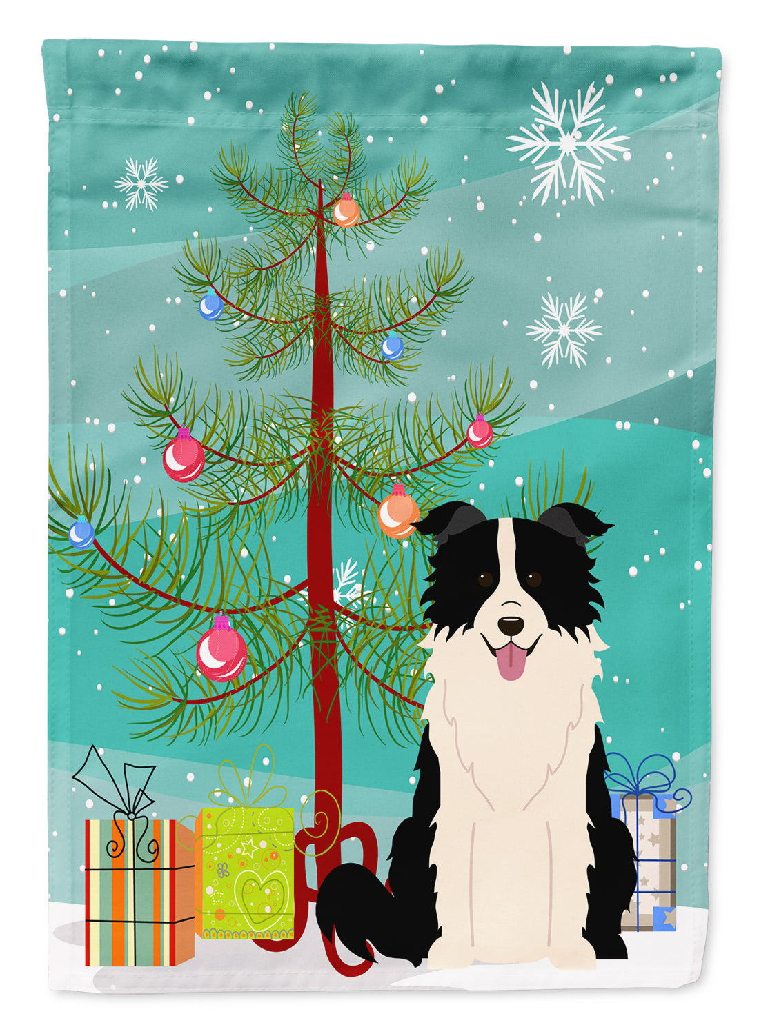Merry Christmas Tree Border Collie Black White House Flag 28x40 Porch Sleeve Pole Decorative Outside Yard Banner Artwork Wall Hanging, Polyester