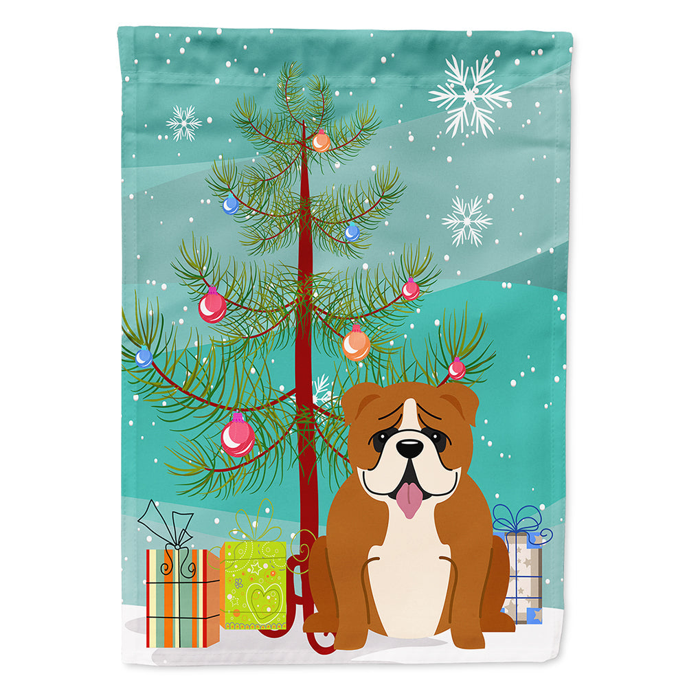 Merry Christmas Tree English Bulldog Red White House Flag 28x40 Porch Sleeve Pole Decorative Outside Yard Banner Artwork Wall Hanging, Polyester
