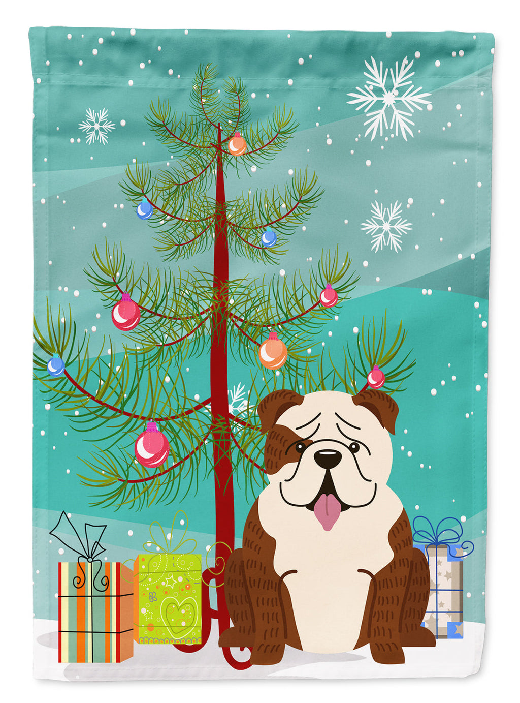 Merry Christmas Tree English Bulldog Brindle White House Flag 28x40 Porch Sleeve Pole Decorative Outside Yard Banner Artwork Wall Hanging, Polyester