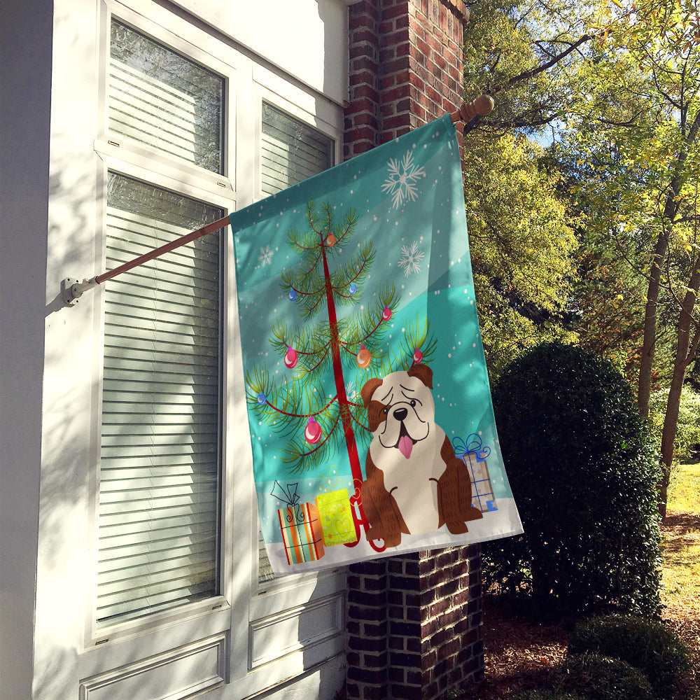 Merry Christmas Tree English Bulldog Brindle White House Flag 28x40 Porch Sleeve Pole Decorative Outside Yard Banner Artwork Wall Hanging, Polyester