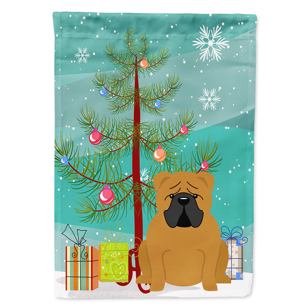 Merry Christmas Tree English Bulldog Red House Flag 28x40 Porch Sleeve Pole Decorative Outside Yard Banner Artwork Wall Hanging, Polyester
