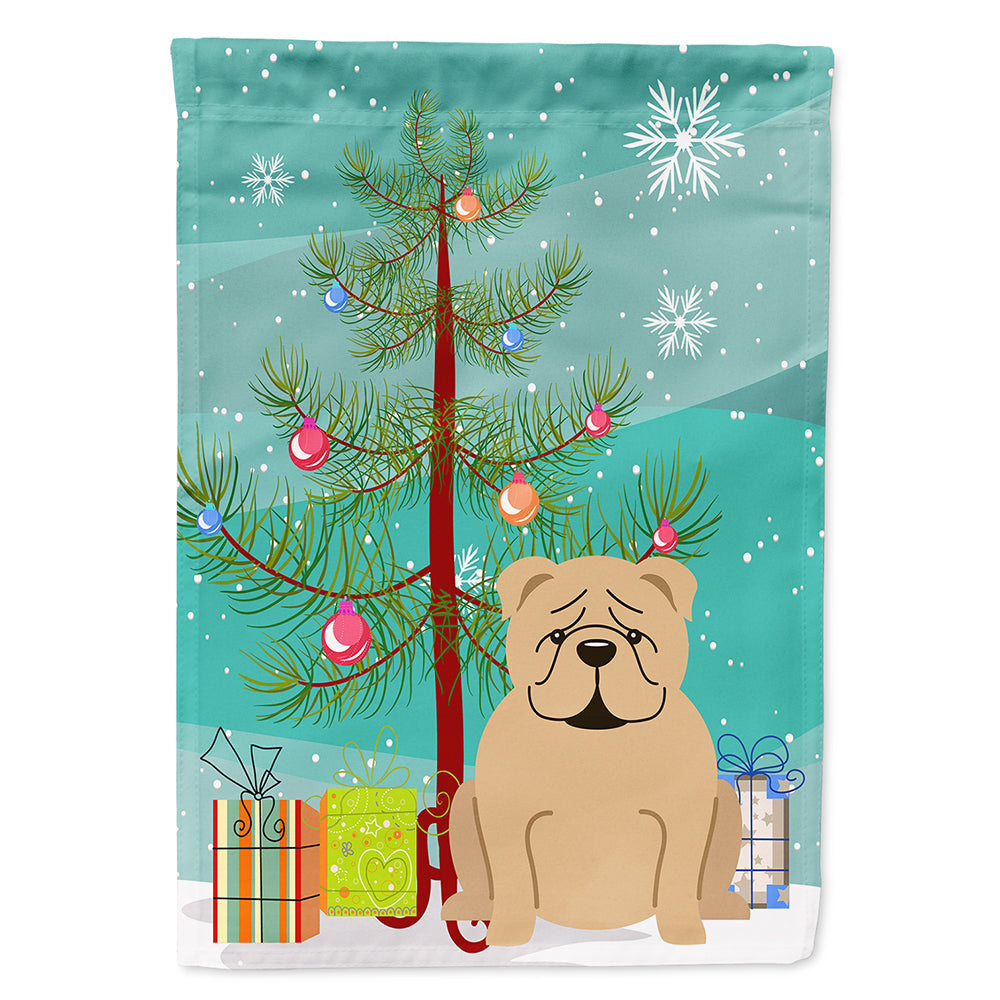 Merry Christmas Tree English Bulldog Fawn House Flag 28x40 Porch Sleeve Pole Decorative Outside Yard Banner Artwork Wall Hanging, Polyester