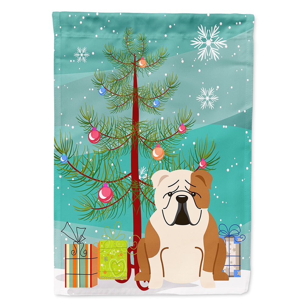 Merry Christmas Tree English Bulldog Fawn White House Flag 28x40 Porch Sleeve Pole Decorative Outside Yard Banner Artwork Wall Hanging, Polyester