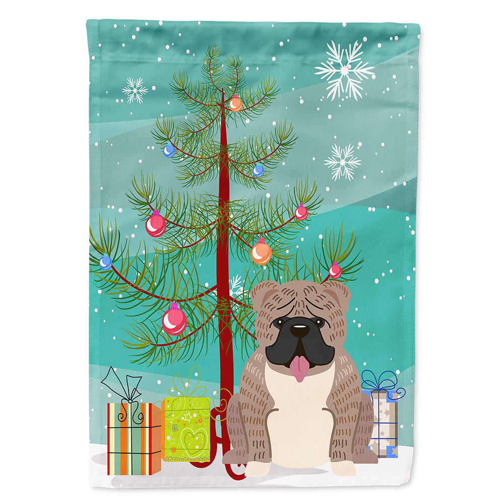 Merry Christmas Tree English Bulldog Grey Brindle  House Flag 28x40 Porch Sleeve Pole Decorative Outside Yard Banner Artwork Wall Hanging, Polyester