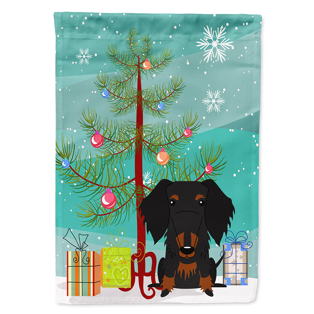 Merry Christmas Tree Wire Haired Dachshund Black Tan House Flag 28x40 Porch Sleeve Pole Decorative Outside Yard Banner Artwork Wall Hanging, Polyester