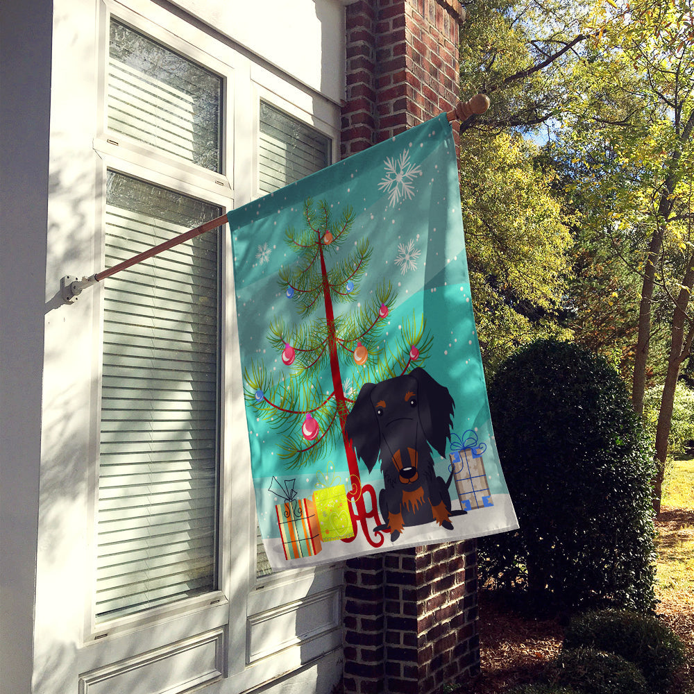 Merry Christmas Tree Wire Haired Dachshund Black Tan House Flag 28x40 Porch Sleeve Pole Decorative Outside Yard Banner Artwork Wall Hanging, Polyester