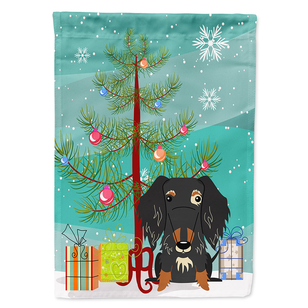 Merry Christmas Tree Wire Haired Dachshund Dapple House Flag 28x40 Porch Sleeve Pole Decorative Outside Yard Banner Artwork Wall Hanging, Polyester