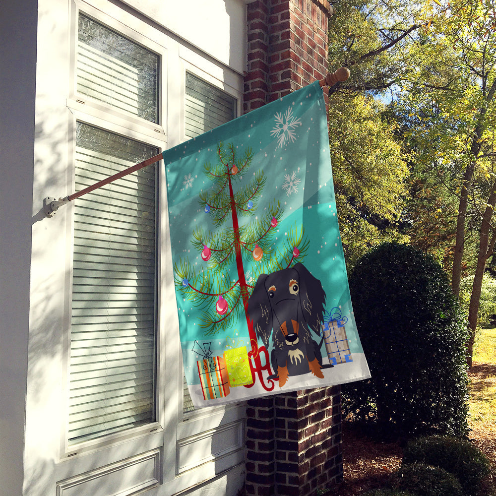 Merry Christmas Tree Wire Haired Dachshund Dapple House Flag 28x40 Porch Sleeve Pole Decorative Outside Yard Banner Artwork Wall Hanging, Polyester