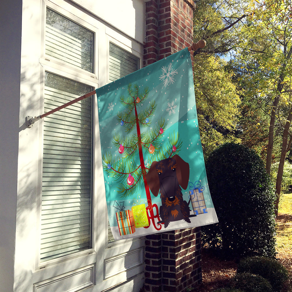 Merry Christmas Tree Wire Haired Dachshund Chocolate House Flag 28x40 Porch Sleeve Pole Decorative Outside Yard Banner Artwork Wall Hanging, Polyester