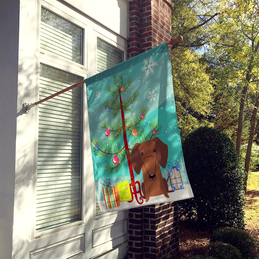 Merry Christmas Tree Dachshund Red Brown House Flag 28x40 Porch Sleeve Pole Decorative Outside Yard Banner Artwork Wall Hanging, Polyester