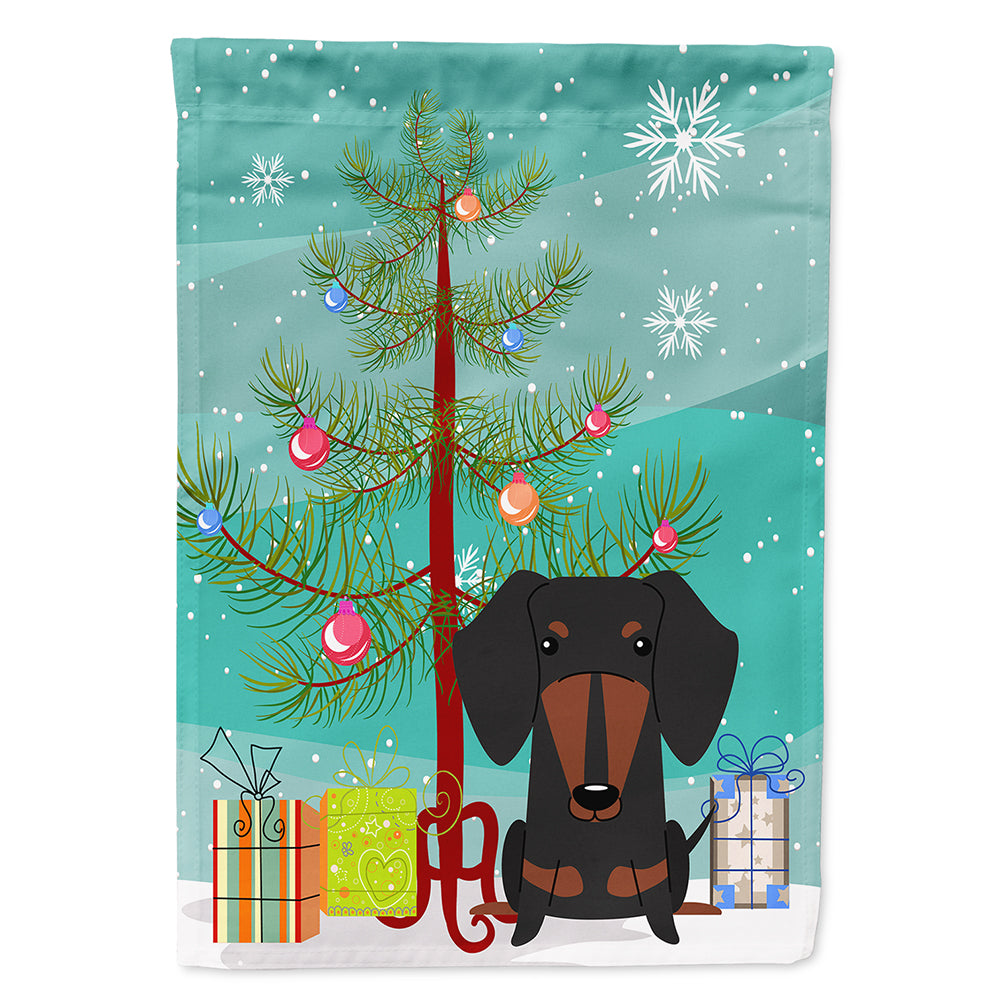 Merry Christmas Tree Dachshund Black Tan House Flag 28x40 Porch Sleeve Pole Decorative Outside Yard Banner Artwork Wall Hanging, Polyester