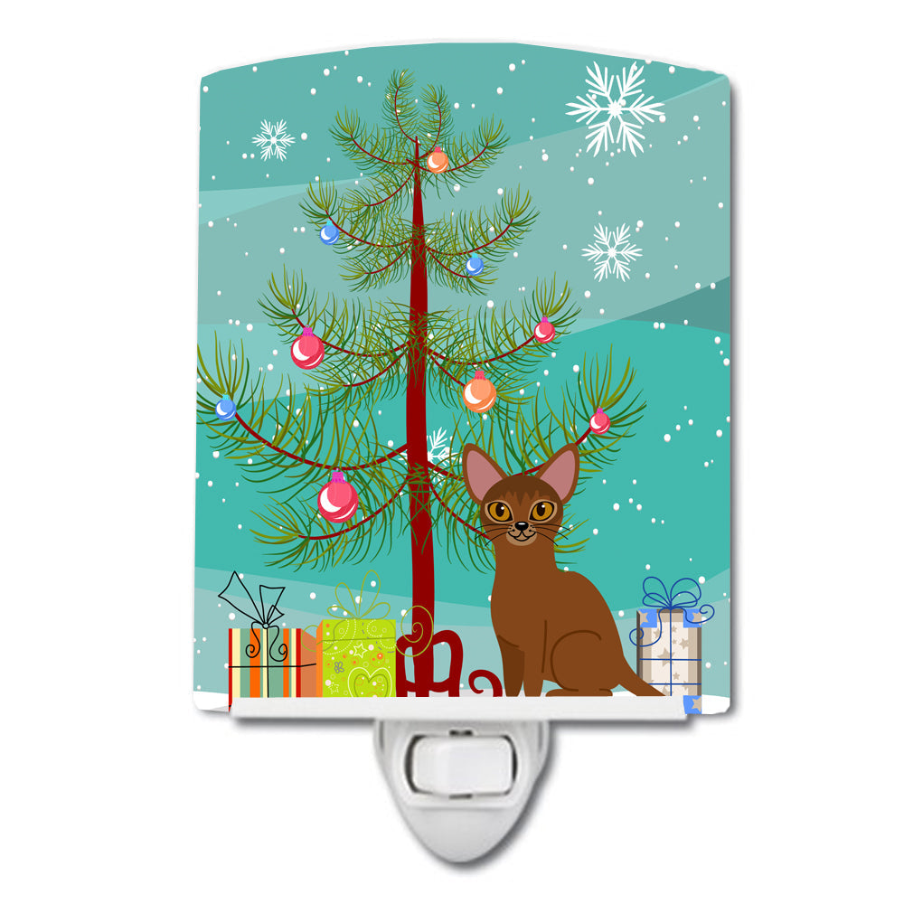 Abyssinian Cat Merry Christmas Tree Ceramic Night Light Compact, UL-Certified, Ideal for Bedroom, Bathroom, Nursery, Hallway, Kitchen, 6x4x3, Multicolor