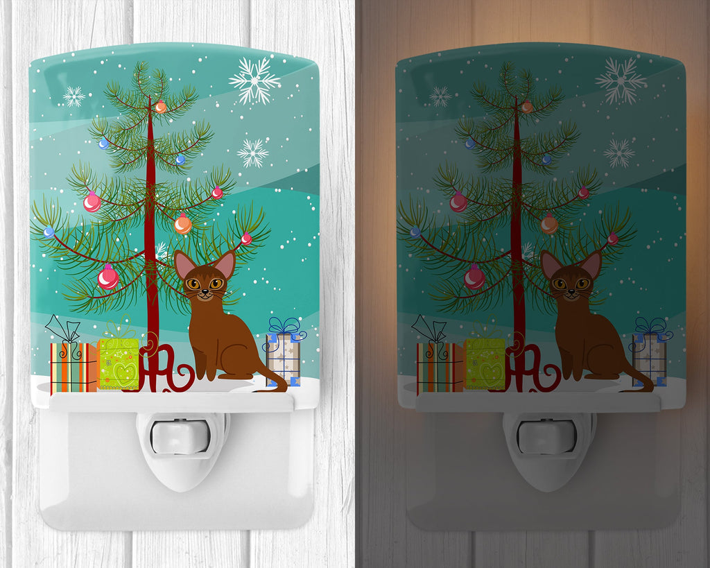 Abyssinian Cat Merry Christmas Tree Ceramic Night Light Compact, UL-Certified, Ideal for Bedroom, Bathroom, Nursery, Hallway, Kitchen, 6x4x3, Multicolor