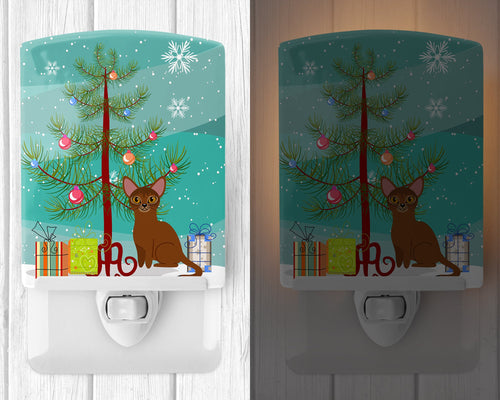 Abyssinian Cat Merry Christmas Tree Ceramic Night Light Compact, UL-Certified, Ideal for Bedroom, Bathroom, Nursery, Hallway, Kitchen, 6x4x3, Multicolor