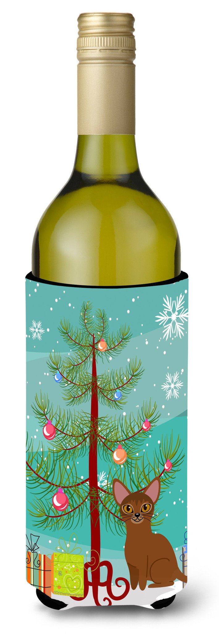 Abyssinian Cat Merry Christmas Tree Wine Bottle Hugger Gift Sleeve for Standard 750 ml Bottles, Insulated Reusable Also Fits Mini Shot & Pint Bottles