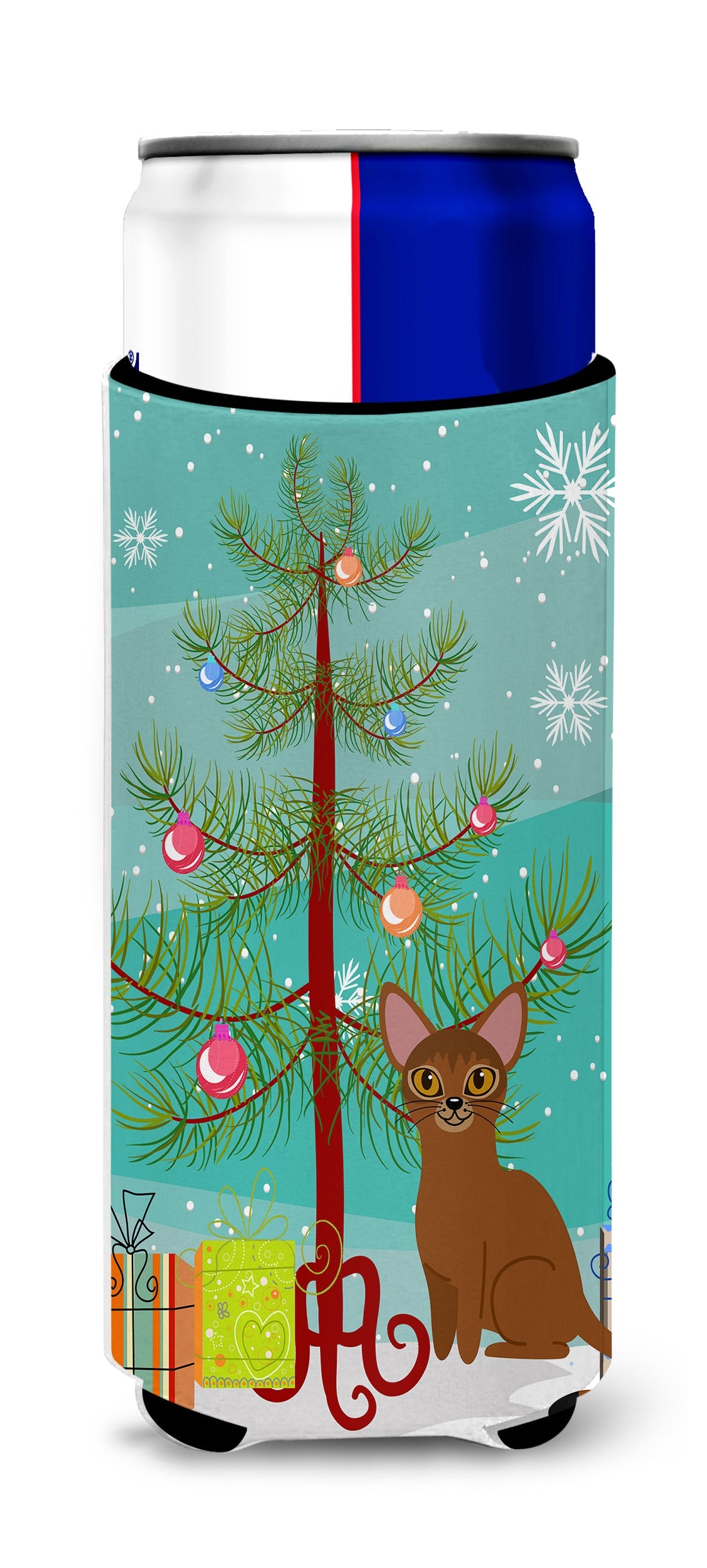 Abyssinian Cat Merry Christmas Tree Slim Can Hugger , Insulated Foam Hugger for 12 oz Slim Cans, Beer Bottles & Water Bottles, Printed in USA