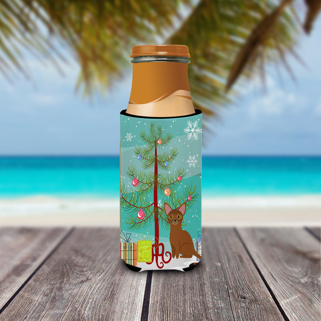 Abyssinian Cat Merry Christmas Tree Slim Can Hugger , Insulated Foam Hugger for 12 oz Slim Cans, Beer Bottles & Water Bottles, Printed in USA