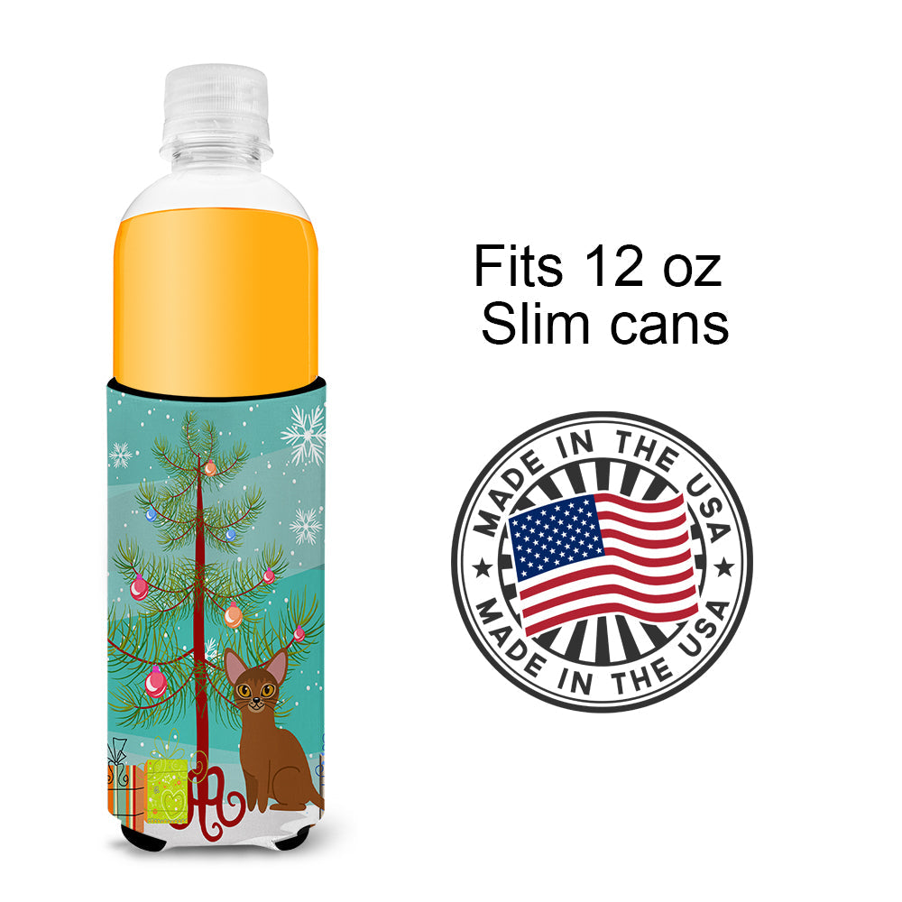 Abyssinian Cat Merry Christmas Tree Slim Can Hugger , Insulated Foam Hugger for 12 oz Slim Cans, Beer Bottles & Water Bottles, Printed in USA