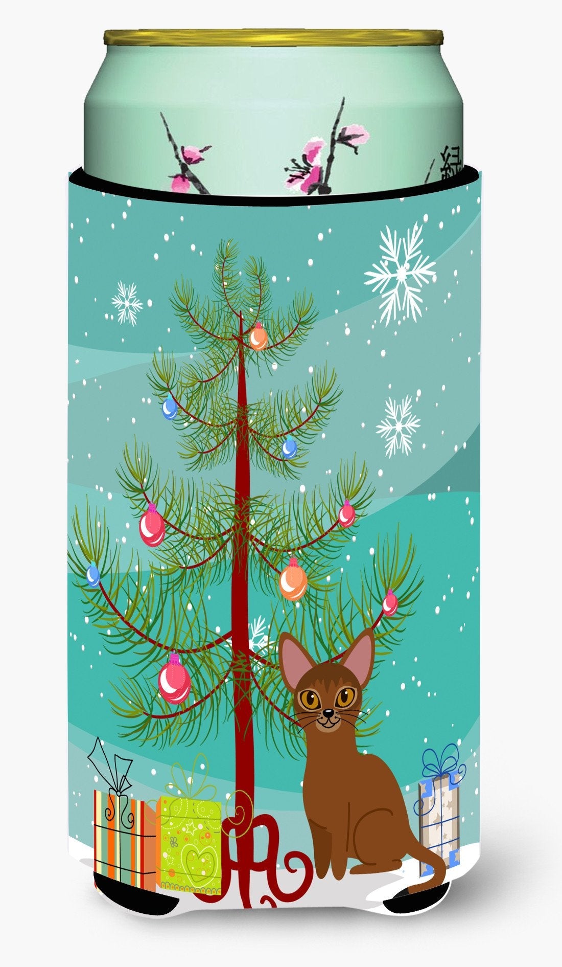 Abyssinian Cat Merry Christmas Tree Tall Boy Hugger Can Cooler Sleeve Machine Washable Drink Collapsible Insulator Beverage Insulated Holder