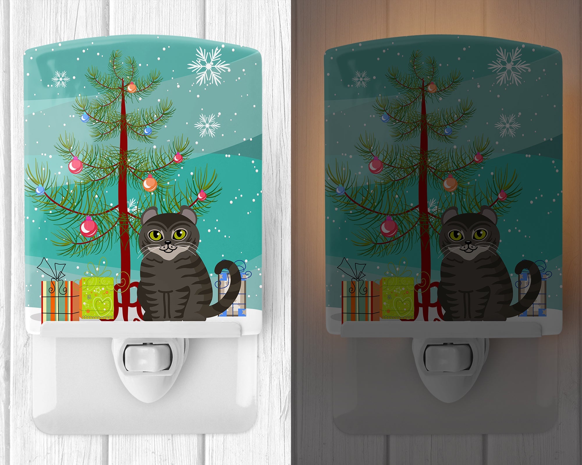American Curl Cat Merry Christmas Tree Ceramic Night Light Compact, UL-Certified, Ideal for Bedroom, Bathroom, Nursery, Hallway, Kitchen, 6x4x3, Multicolor