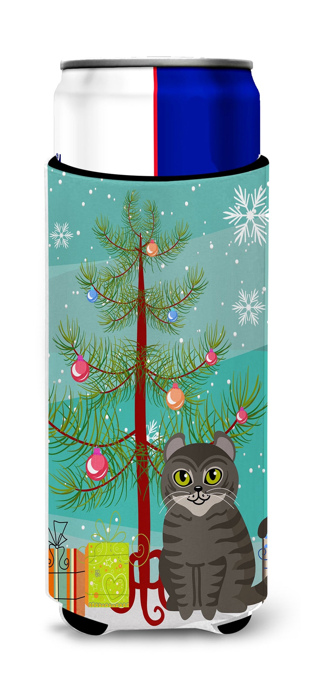 American Curl Cat Merry Christmas Tree Slim Can Hugger , Insulated Foam Hugger for 12 oz Slim Cans, Beer Bottles & Water Bottles, Printed in USA