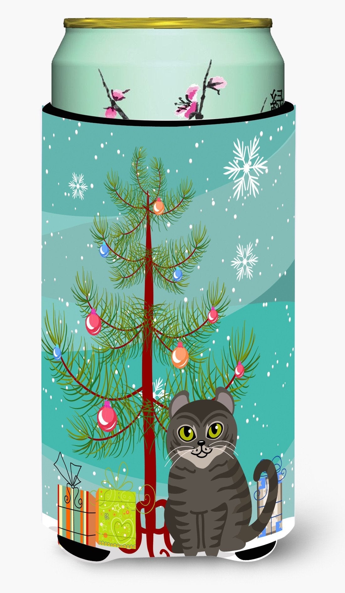 American Curl Cat Merry Christmas Tree Tall Boy Hugger Can Cooler Sleeve Machine Washable Drink Collapsible Insulator Beverage Insulated Holder