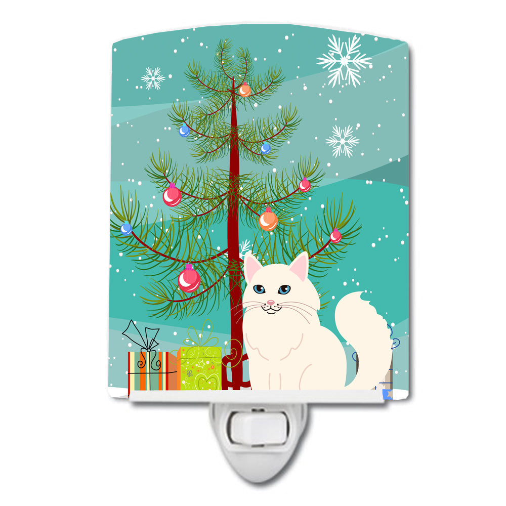 Turkish Angora Cat Merry Christmas Tree Ceramic Night Light Compact, UL-Certified, Ideal for Bedroom, Bathroom, Nursery, Hallway, Kitchen, 6x4x3, Multicolor