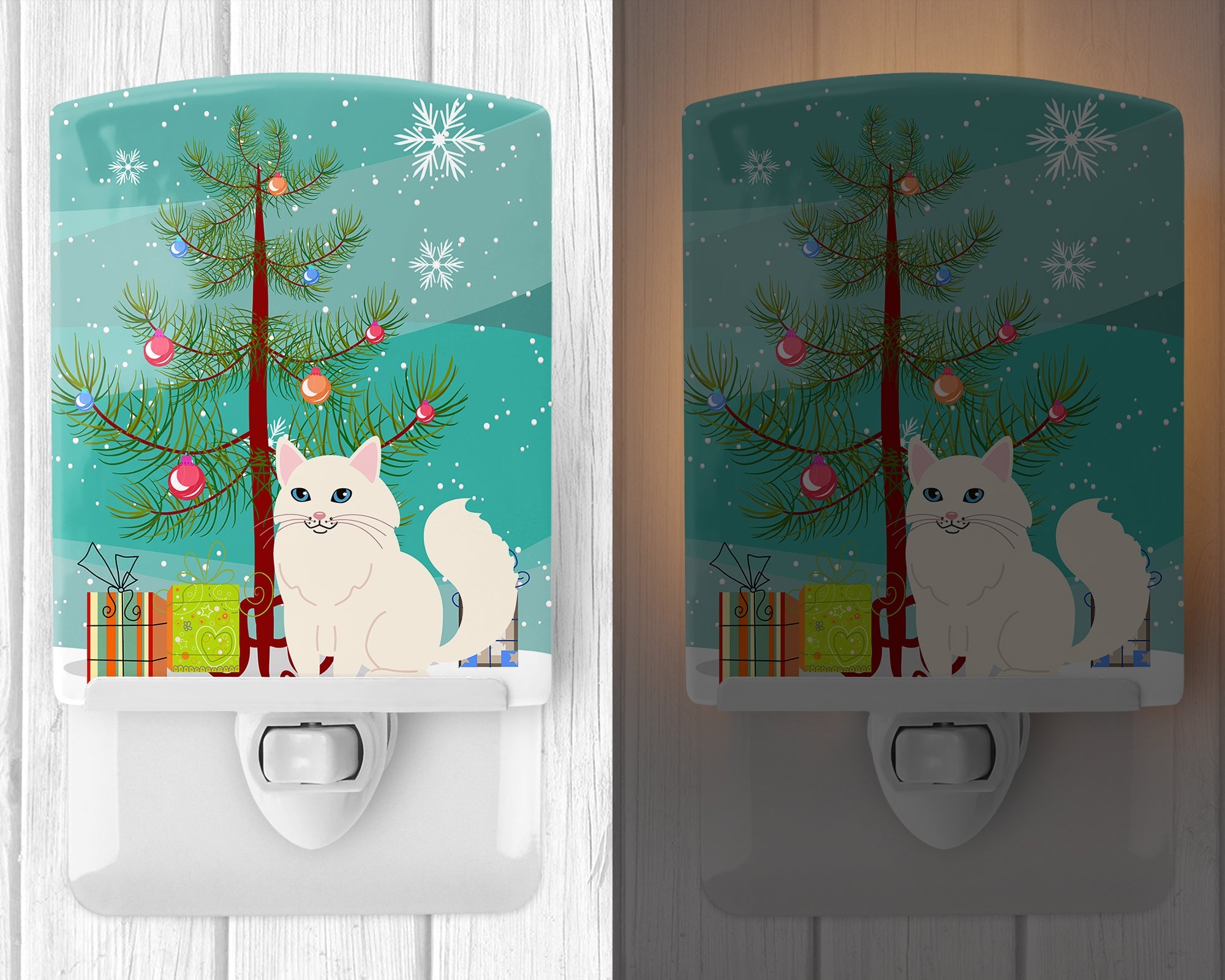 Turkish Angora Cat Merry Christmas Tree Ceramic Night Light Compact, UL-Certified, Ideal for Bedroom, Bathroom, Nursery, Hallway, Kitchen, 6x4x3, Multicolor