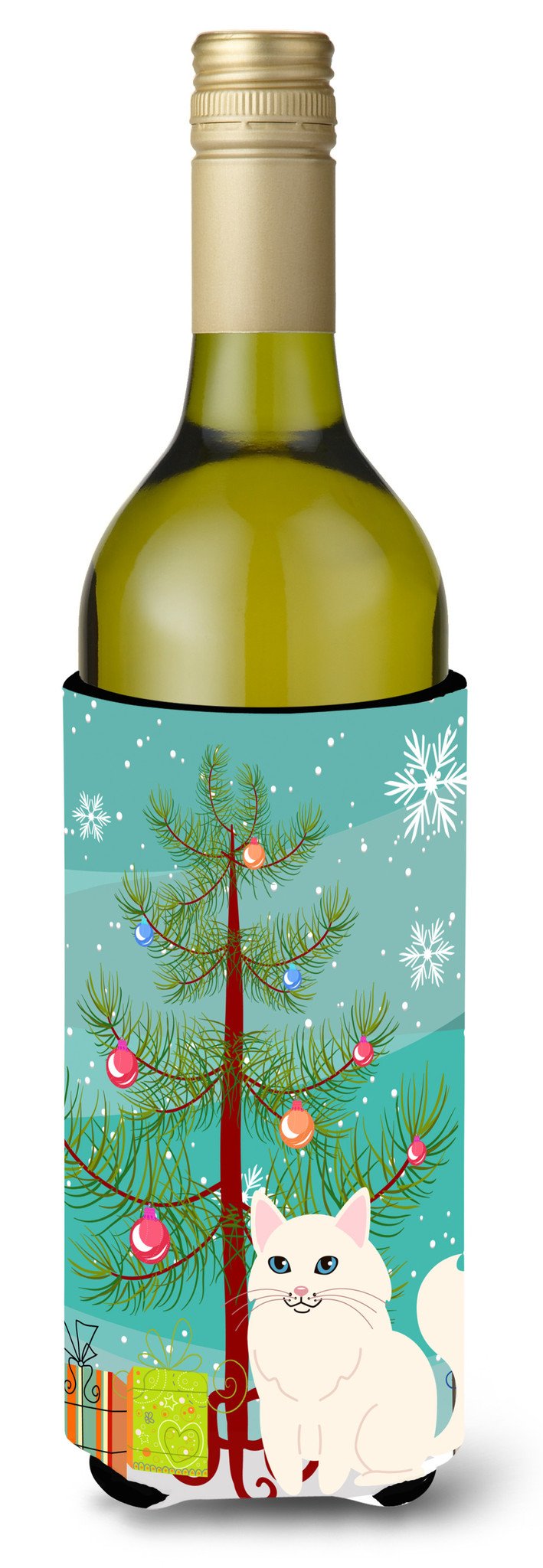 Turkish Angora Cat Merry Christmas Tree Wine Bottle Hugger Gift Sleeve for Standard 750 ml Bottles, Insulated Reusable Also Fits Mini Shot & Pint Bottles