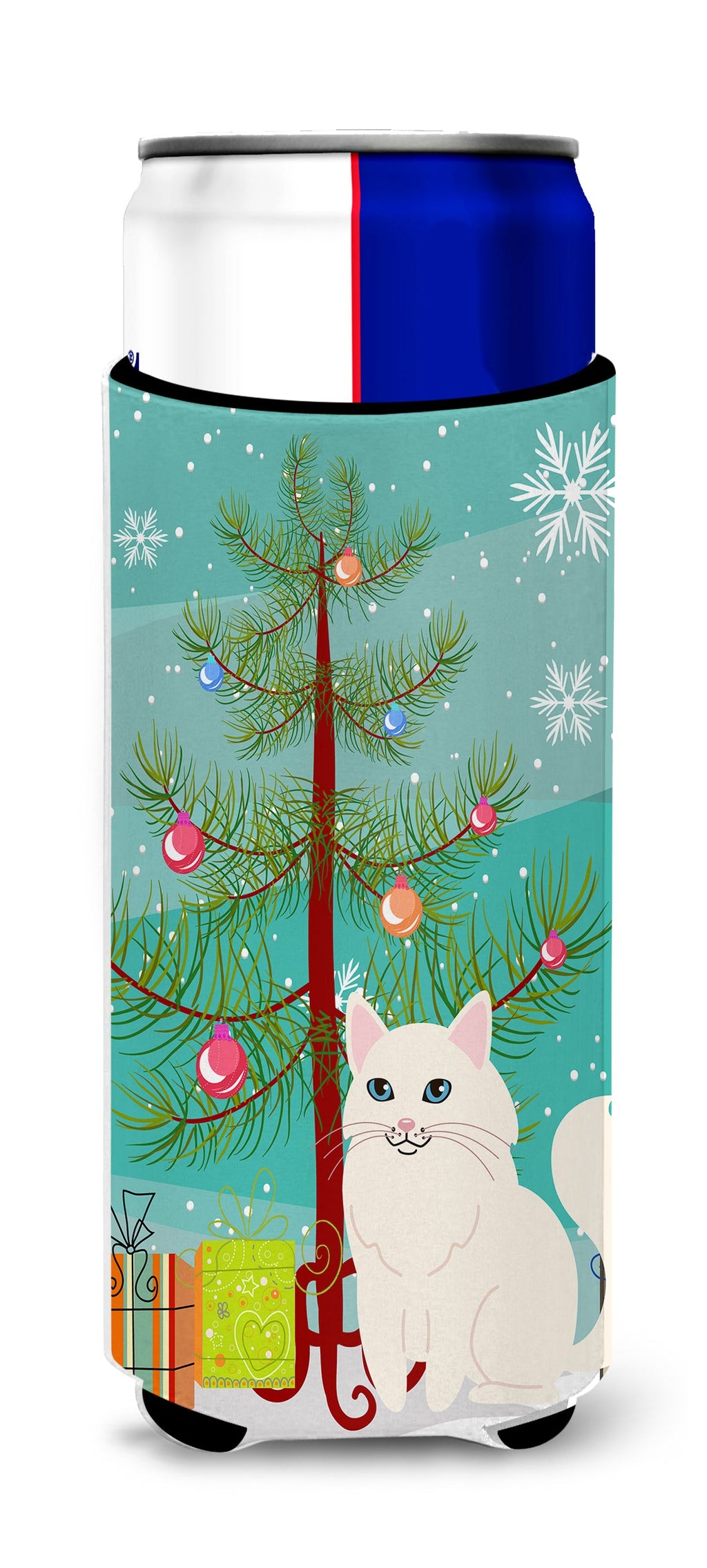 Turkish Angora Cat Merry Christmas Tree Slim Can Hugger , Insulated Foam Hugger for 12 oz Slim Cans, Beer Bottles & Water Bottles, Printed in USA