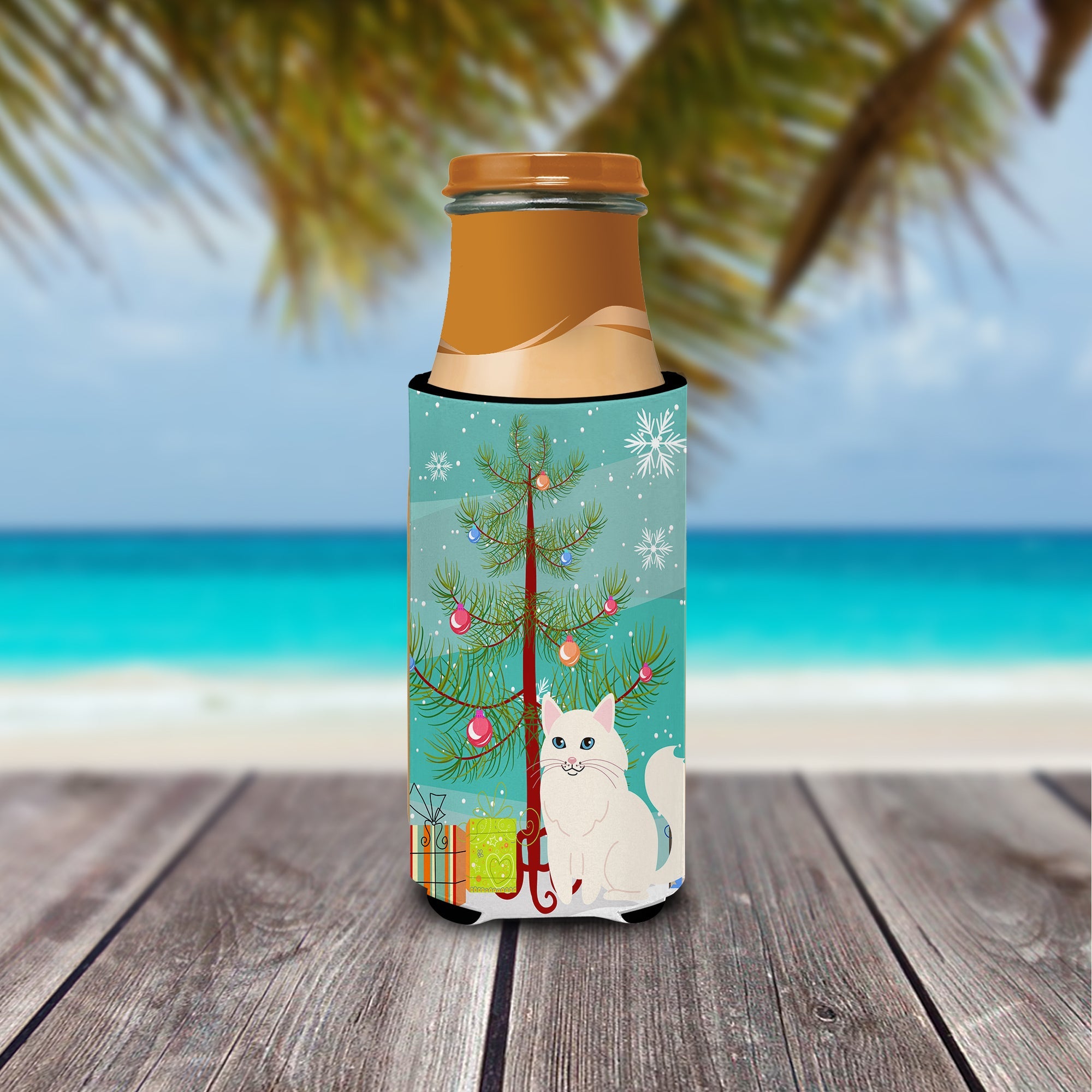 Turkish Angora Cat Merry Christmas Tree Slim Can Hugger , Insulated Foam Hugger for 12 oz Slim Cans, Beer Bottles & Water Bottles, Printed in USA