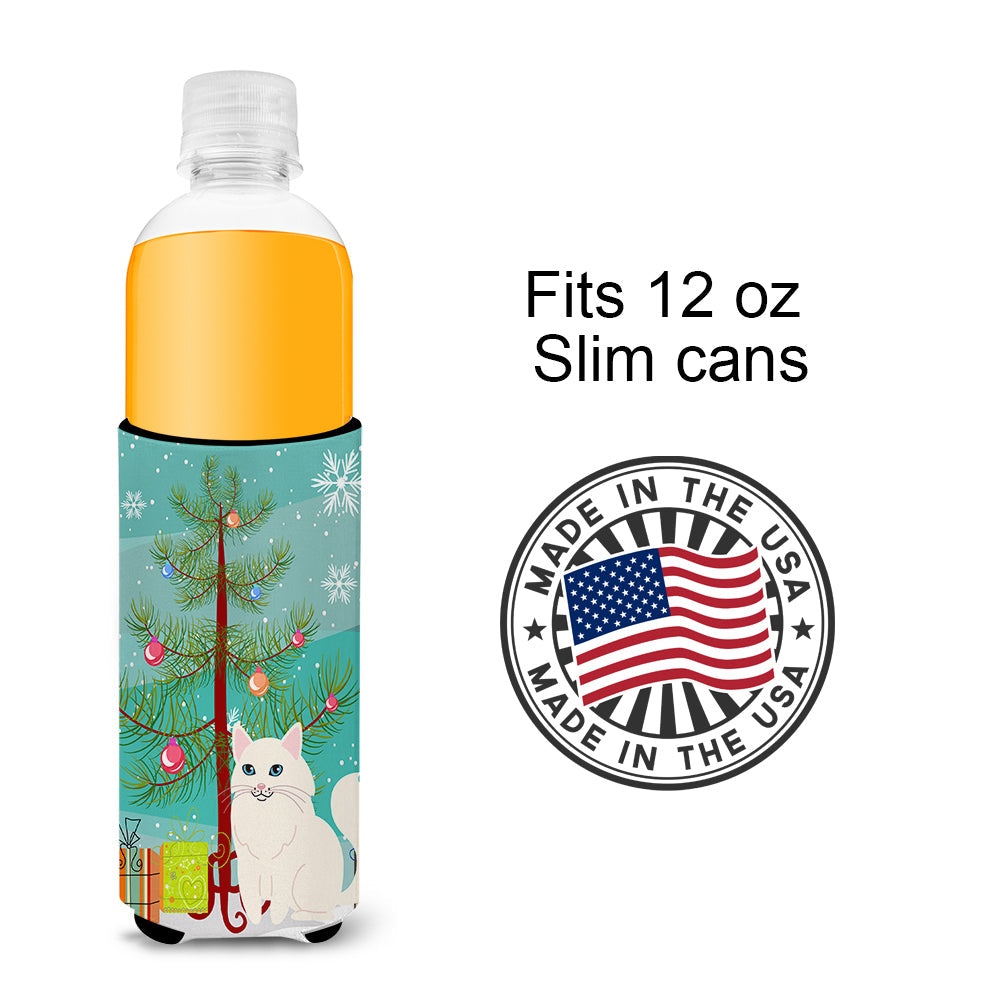 Turkish Angora Cat Merry Christmas Tree Slim Can Hugger , Insulated Foam Hugger for 12 oz Slim Cans, Beer Bottles & Water Bottles, Printed in USA