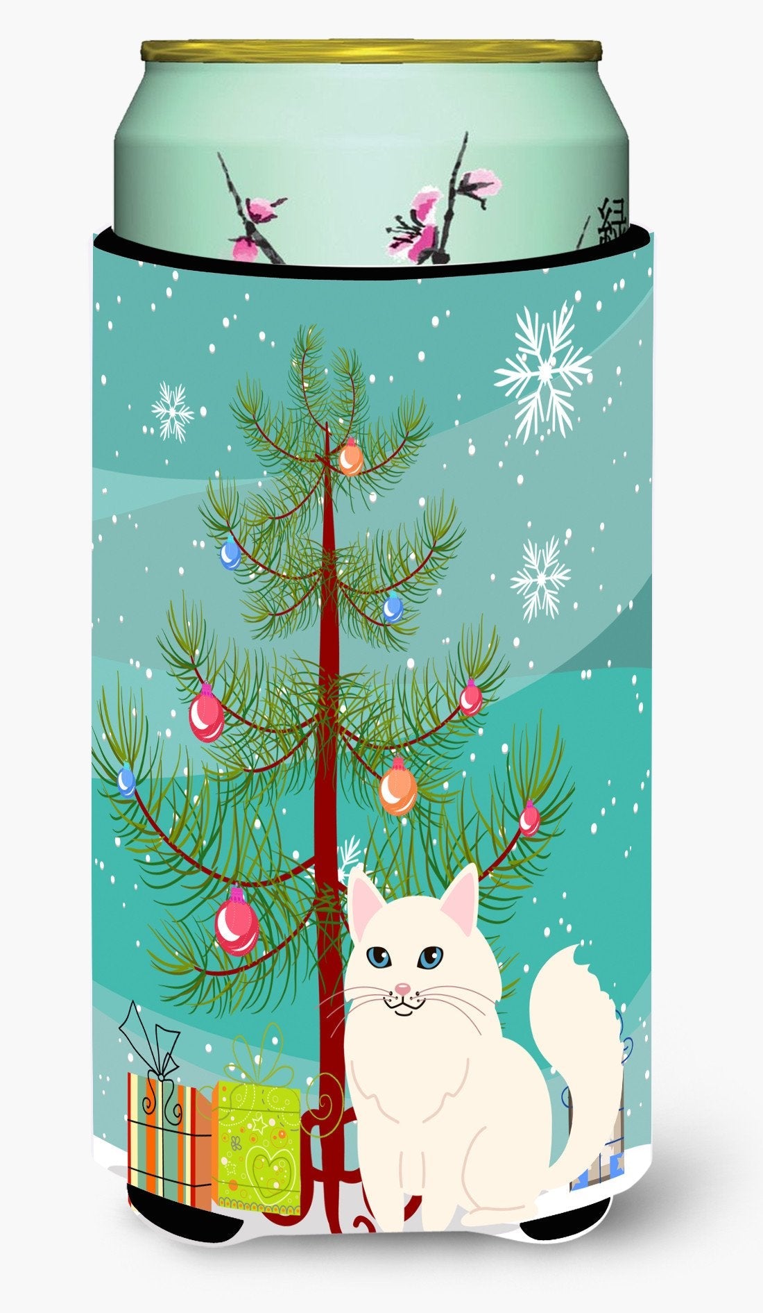 Turkish Angora Cat Merry Christmas Tree Tall Boy Hugger Can Cooler Sleeve Machine Washable Drink Collapsible Insulator Beverage Insulated Holder