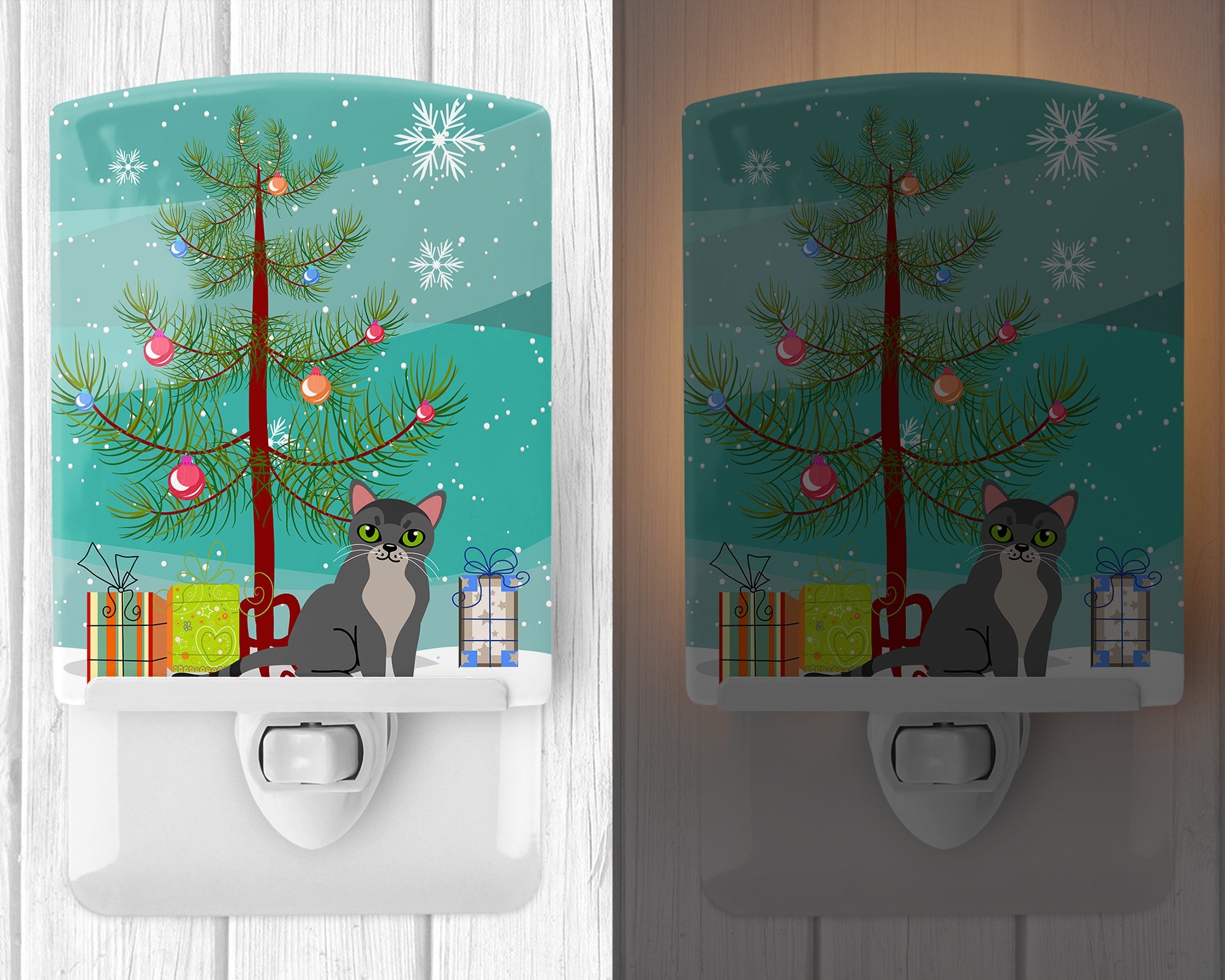 Asian Cat Merry Christmas Tree Ceramic Night Light Compact, UL-Certified, Ideal for Bedroom, Bathroom, Nursery, Hallway, Kitchen, 6x4x3, Multicolor