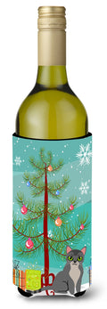 Asian Cat Merry Christmas Tree Wine Bottle Hugger Gift Sleeve for Standard 750 ml Bottles, Insulated Reusable Also Fits Mini Shot & Pint Bottles