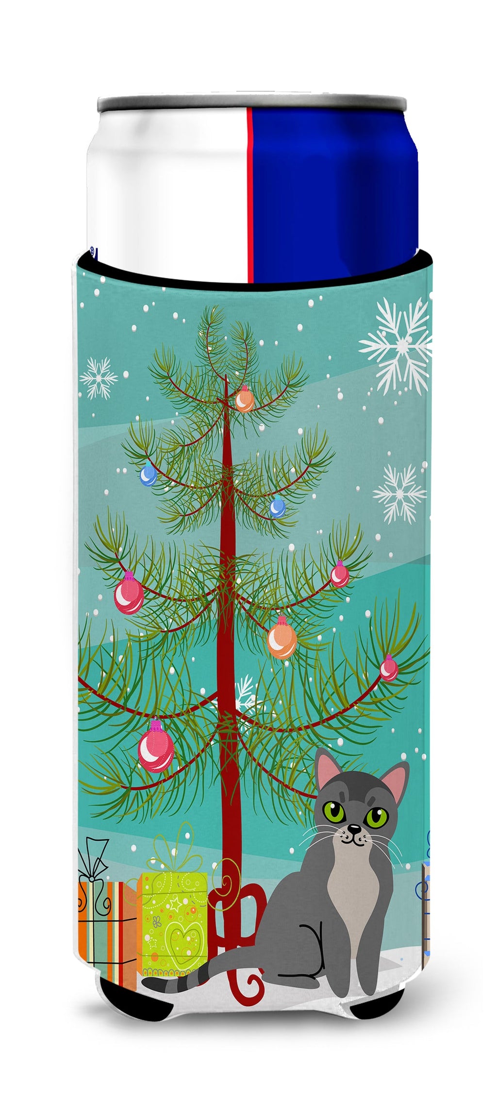 Asian Cat Merry Christmas Tree Slim Can Hugger , Insulated Foam Hugger for 12 oz Slim Cans, Beer Bottles & Water Bottles, Printed in USA
